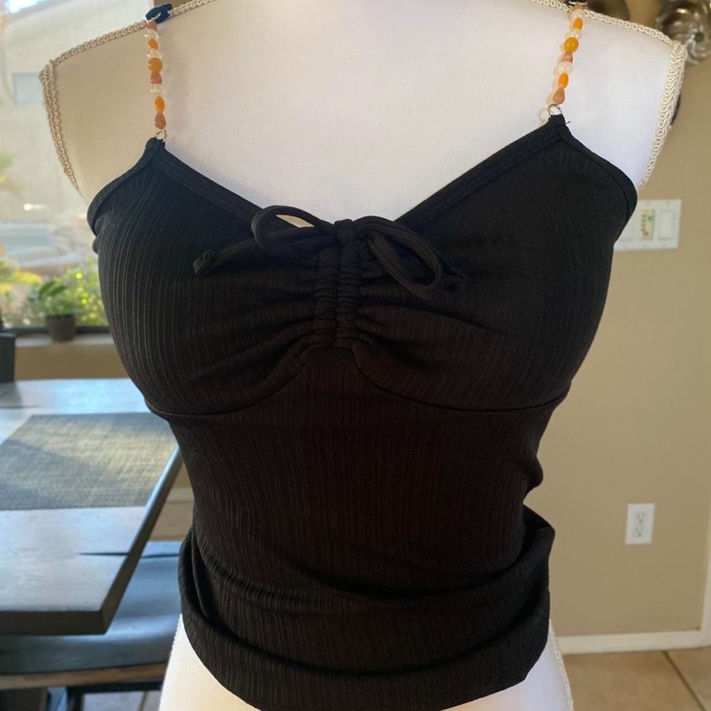 Small Black Womens Top W/ Beaded Straps